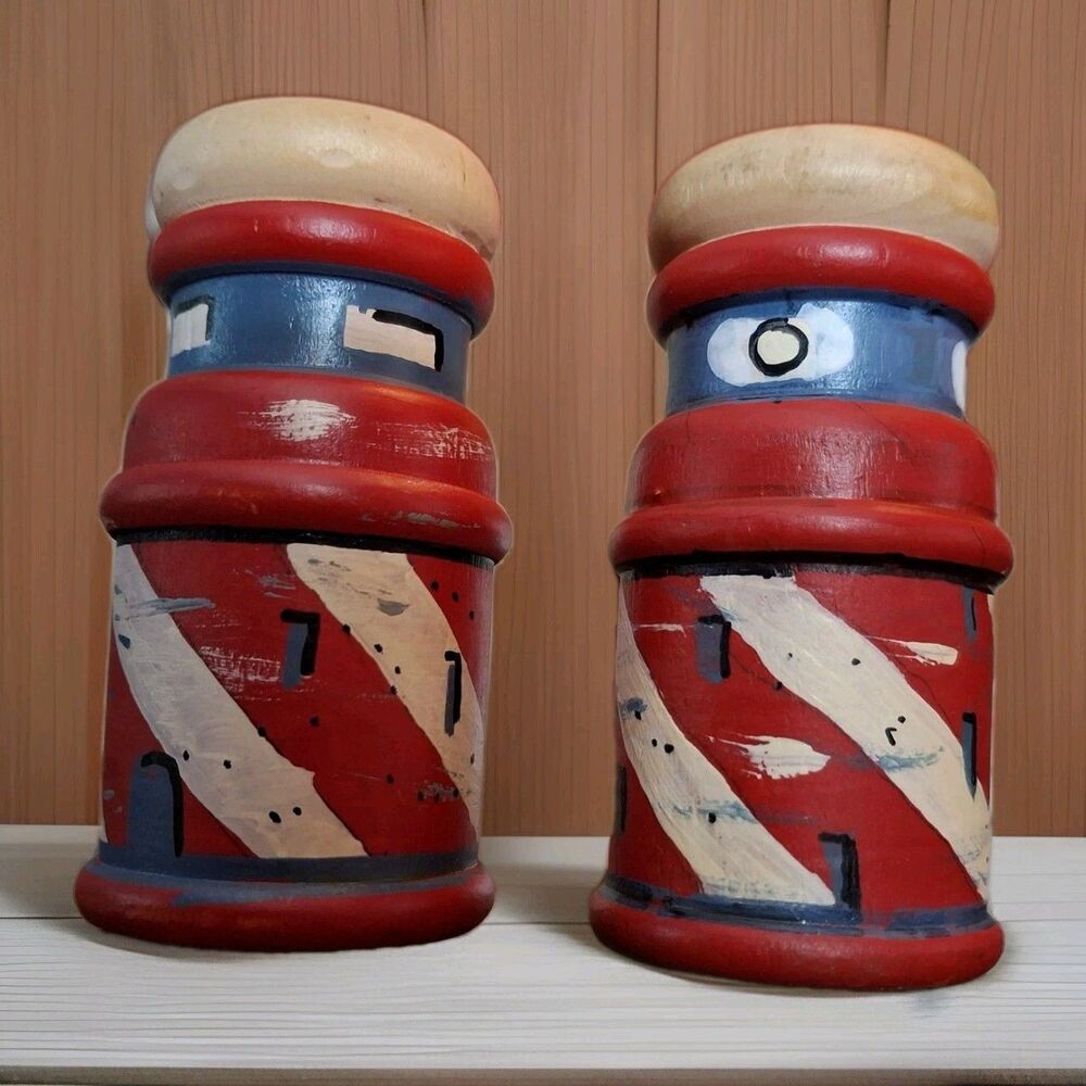 Vintage Nautical Lighthouse Salt Pepper Shakers Handpainted Wood Never Used